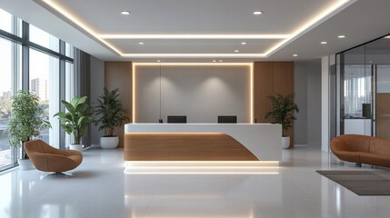 Impeccable corporate reception area showcasing refined minimalism and a welcoming atmosphere for clients and employees alike