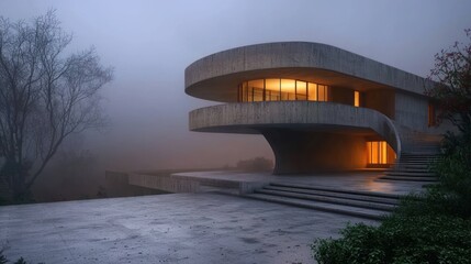 Obraz premium Modern concrete house, foggy landscape, dusk, architectural design