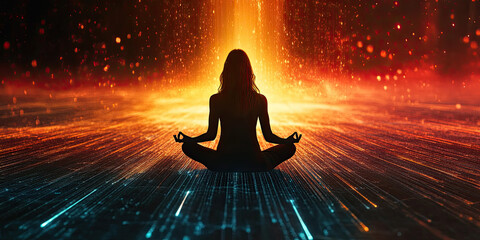 Holographic universe forming in colorful high vibration frequency around a woman sitting in a silhouetted meditation pose 