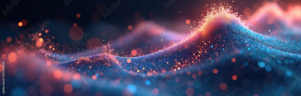Poster illustration of abstract digital wave flowing through big data in blue, red colors. futuristic tech 