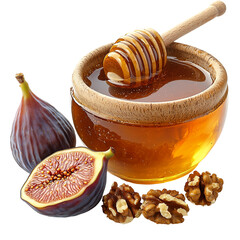 Bowl of honey and figs with nuts, sweet Suhoor food, isolated on transparent background, png
