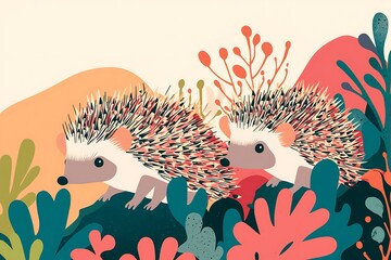 Illustrated poster featuring hedgehogs with geometric spines foraging under abstract bushes, Swiss