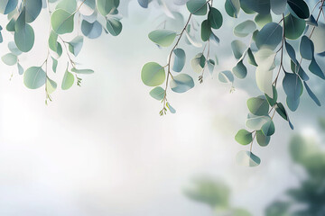 Soft eucalyptus branches with round, muted green leaves against a light, blurred background