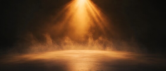 Minimalist Stage with a Soft Golden Spotlight and Gentle Fog. Copy space. Generative AI