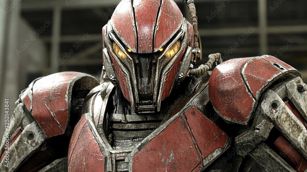 Aufkleber robot warrior with glowing eyes stands in a mechanical workshop setting during daylight hours