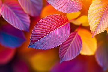 Obraz premium Vibrant autumn leaves in a mix of pink, purple, yellow, and orange hues with detailed vein patterns