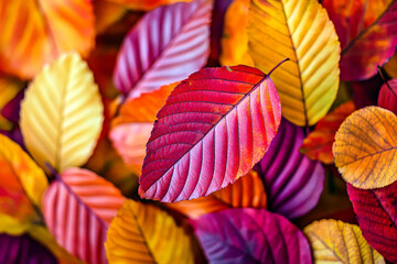 Obraz premium Vibrant autumn leaves in a mix of pink, purple, yellow, and orange hues with detailed vein patterns