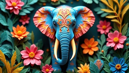 Obraz premium Colorful paper elephant statue surrounded by flowers, leaves. Multi-colored animal art, generative AI design. Ornate decoration evokes celebration, hinduism culture. Floral pattern art for textile