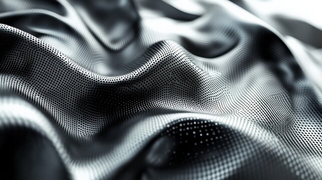 Undulating metallic surface with intricate perforation pattern catching light and shadow creating dynamic dimensional texture