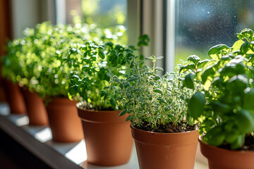 Fototapeta premium Fresh green herbs growing in terracotta pots on a sunlit windowsill