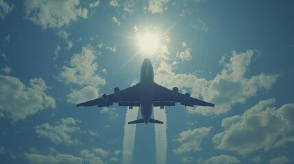 Airplane flying towards sun in bright sky.