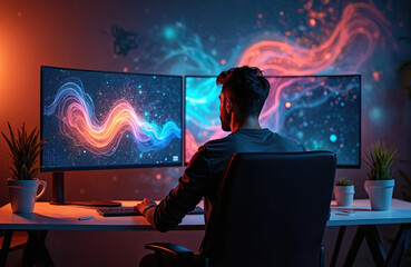 Man works at desk with dual curved monitors displaying abstract art. Creative designer using modern pc setup at workplace. Focused male freelancer coding, developing new project. Person creates