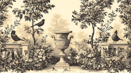 Serene Roman wallpaper a forest garden, adorned with birds, flowers, and elegant vases