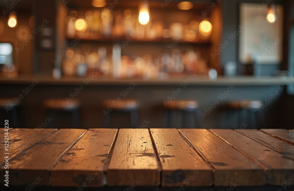 Aufkleber empty wooden table top with blurred bar background bokeh lights. dark interior for product display c