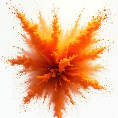 Generative AI illustration of orange holi paint color powder explosion. Abstract spray cloud with burst splatter dust particles on white backdrop. Conceptual art, energy stream backdrop.
