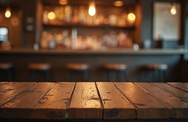 Empty wooden table top with blurred bar background bokeh lights. Dark interior for product display counter, desk design. Brown wood surface in restaurant cafe kitchen montage mockup.