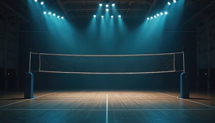 Indoor volleyball court with net stretching across posts. Dim lighting creates atmospheric scene. Wooden floor with white lines ready for tournament. Empty hall for sport games and team workout.