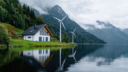 Fototapeta premium Modern house, lake, mountains, wind turbines, sustainable living