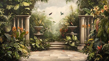 Classic Roman garden mural featuring exotic birds, flowers, and lush greenery in a serene setting