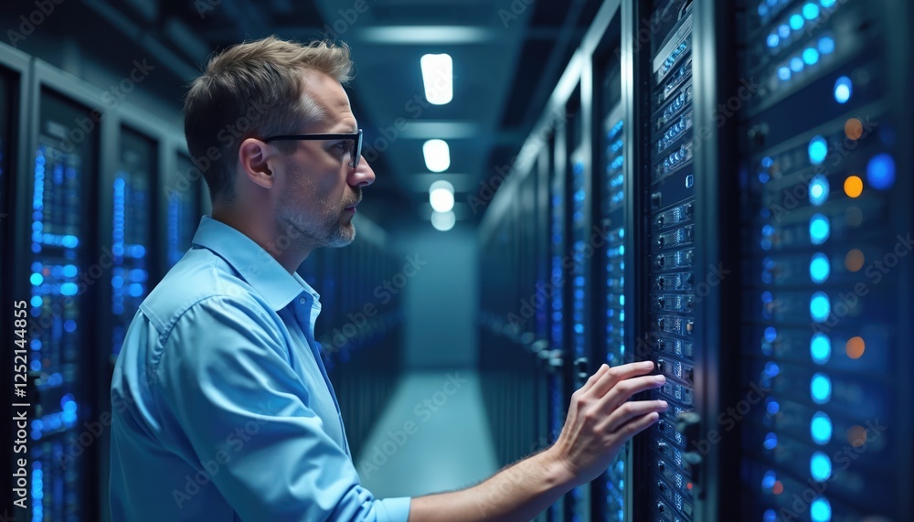 Aufkleber it engineer monitors servers in data center, ensuring cybersecurity. system administrator configures