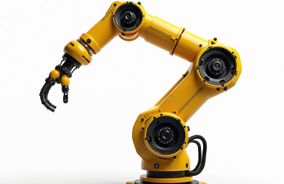 Yellow industrial robot arm isolated on white background. Automation machinery equipment high tech robotic engineering precision. Modern factory innovation production hardware control manipulator for