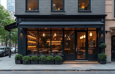 Modern coffee shop exterior with large windows inviting interior. Black, grey color scheme creates stylish urban cafe design. Cozy atmosphere, decorative lighting. Tables await guests to enjoy food.