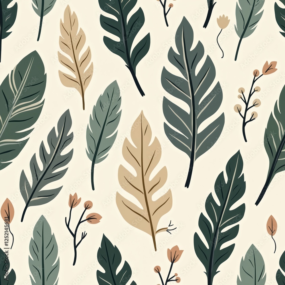 Poster seamless pattern of stylized feathers and leaves in repeating layout. vintage look visual design. re