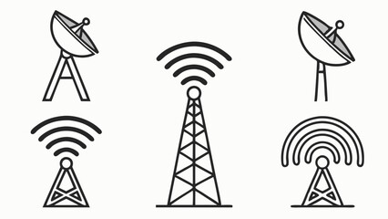 Simple Line Art Illustration of Satellite Dishes and Radio Towers