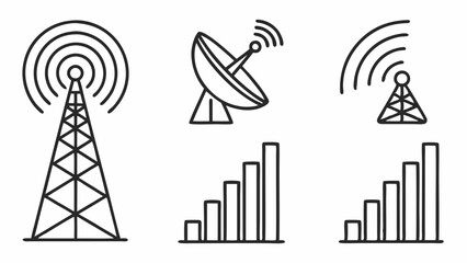 Simple Line Art Icons Representing Telecommunication Infrastructure and Signal Strength