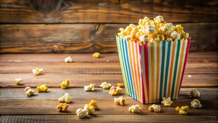 Colorful striped popcorn box on a wooden table with a few kernels spilled out, snack