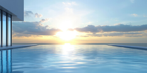 Fototapeta premium Simple minimal style peaceful modern tranquil view of a country villa outdoor pool against a sunset sky. The sun is reflected in the calm water
