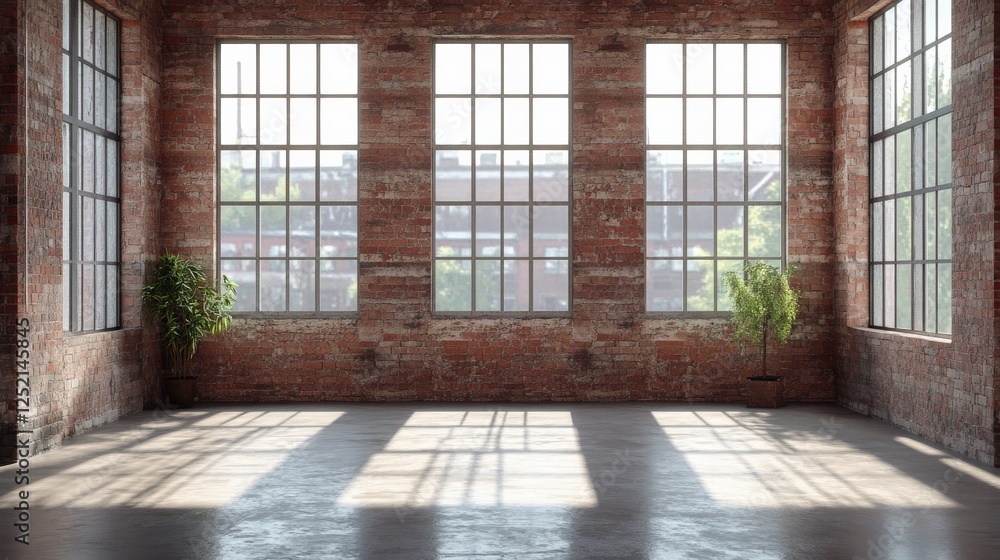 Poster sun-drenched loft space with exposed brick walls and expansive windows offering city views and botan