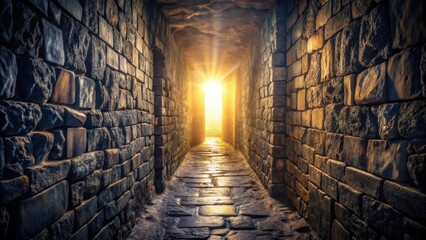 A beam of light illuminates a narrow, dark passageway, casting an ethereal glow on the surrounding stone walls and debris