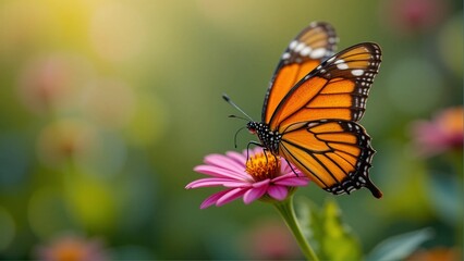 Beautiful Butterfly fly over Colorful Flower, nature background