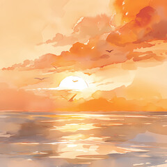 Watercolor. Sunset over the sea with golden clouds.
