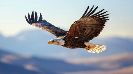 Fototapeta premium Majestic eagle soaring through sky with outstretched wings, showcasing its powerful presence and grace