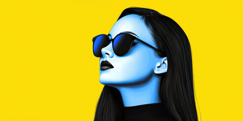 Stylish portrait of woman in sunglasses on colored background in pop art style. Vintage retro poster template, illustration in bright colors.