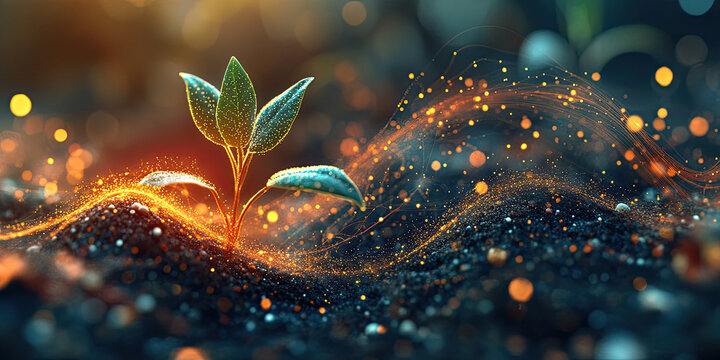 Holographic universe forming around a seedling plant in waves and particles with colorful vibration frequency