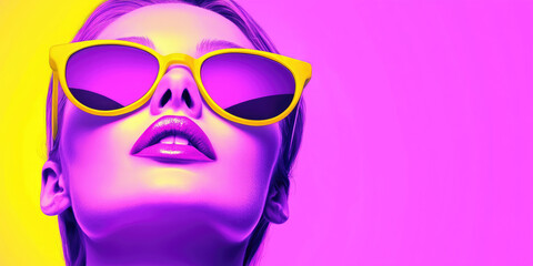 Stylish portrait of woman in sunglasses on colored background in pop art style. Vintage retro poster template, illustration in bright colors.