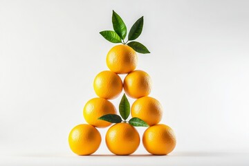 Fresh Oranges Stacked in a Pyramid Shape with Green Leaves on Top, Vibrant Citrus Fruit Display Perfect for Healthy Living and Nutrition Themes