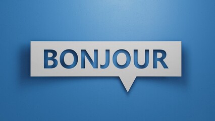 3D illustration of "BONJOUR" in French, with an elegant font. It represents a sophisticated greeting, ideal for high-end branding and artistic projects.White Cut Out Paper. © feng