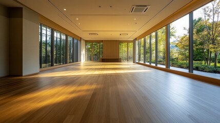 Sunlit expanse, An empty hall with floor-to-ceiling windows revealing a lush outdoor landscape in modern building