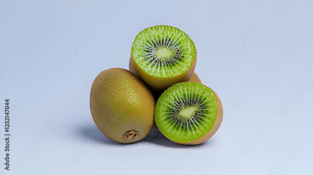 Sticker Three Kiwis: One Whole, Two Halved, on White Background