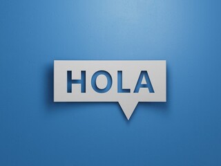 3D illustration of "HOLA" in Spanish, with a vibrant font. It conveys a lively and energetic welcome, ideal for engaging visuals.White Cut Out Paper.3D rendering on blue background. © feng