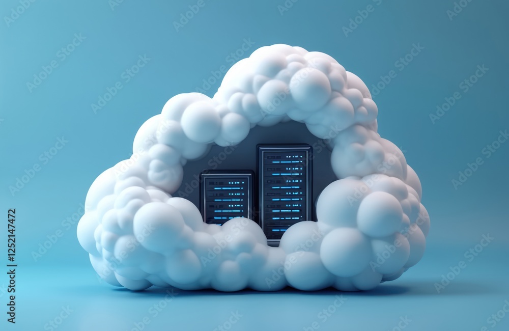 Poster cloud storage tech illustration. white fluffy cloud encasing two server racks on blue background. da