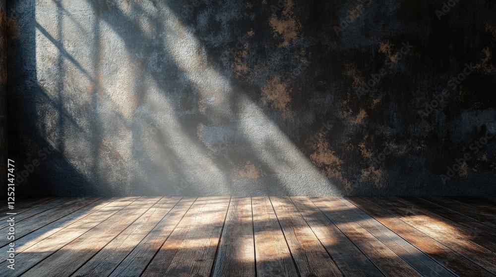 Poster illuminating space, dynamic light rays accentuate textured wall and wooden floor in an atmospheric i