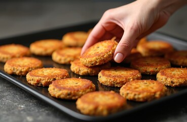 Close-up hand picks veggie burger patty from tray. Vegan plant based diet with zero pork soy bean faux peas cutlet for healthy meal. Woman cooking vegetarian product.
