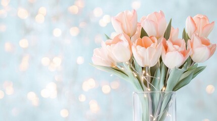 Obraz premium Bouquet of soft pink tulips in vase against sparkling light blue background