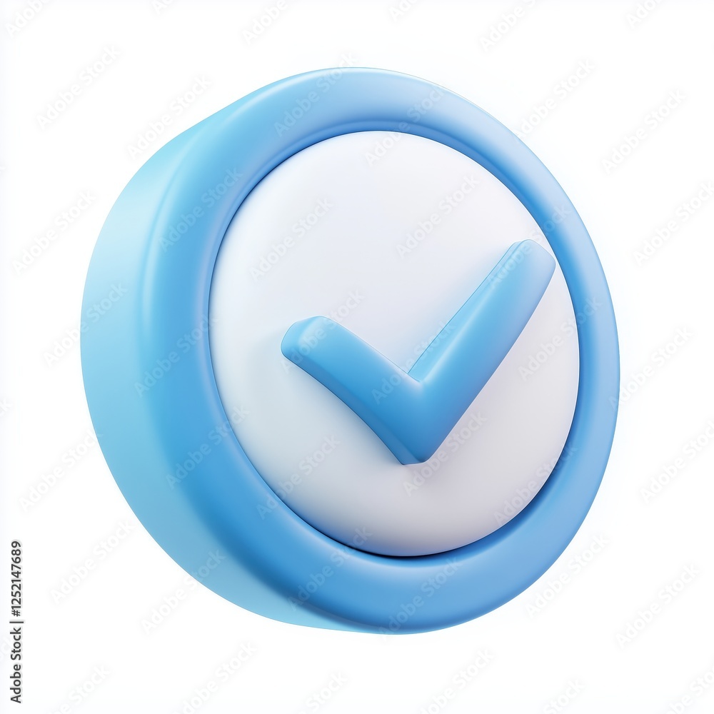 Poster a stylized 3d rendering of a light blue check mark inside a circular button on a white background, s