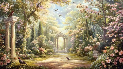 Ornamental mural wallpaper illustrating a serene Roman forest garden with blooming flowers and birds